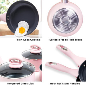 Wholesale <strong>Kitchenware</strong> <strong>Pink</strong> Aluminum Non-Stick Induction Compatible Multi-Piece <strong>Cookware</strong> Sets Multi-Layer Base Coating Glass Lid - Product Image 4