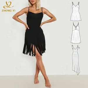 Bekleidungs hersteller Custom Fashion Kleidung Design Sexy Party Mini rücken freie Riemchen Quaste Strand kurze Frauen elegante Kleider