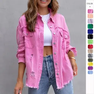 OEM Service purple denim Shirts Wholesale Vintage Loose Women Football Coats Short Denim Jacket for Women