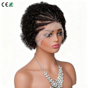 Pelucas frontales de encaje 13x4, peluca bob corta rizada hecha a mano con trenzas frontales, pelucas de cabello humano 100% pre-trenzadas, pelucas pixie para mujer - Product Image 1