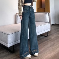 Celana Jeans Denim Wanita Model Kaki Lebar Bordir Retro - Longgar, Menyempurnakan Bentuk Tubuh, Pinggang Tinggi, Efek Cuci Air, Trendi, Panjang hingga Lutut