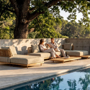 Canapé sectionnel <span class=keywords><strong>de</strong></span> luxe pour bord <span class=keywords><strong>de</strong></span> piscine, base en teck moderne, coussins épais, pour terrasse commerciale - Product Image 5