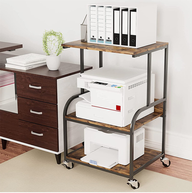 Home Office 3-Tier Industrial Under Desk Printer Cart Mobile Heavy Duty Storage Rack Printer Stand