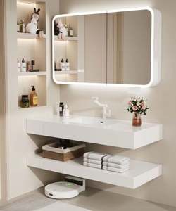 Vasque intégrée en pierre de style minimaliste moderne, série blanche haut de gamme, meuble-lavabo de salle de bain avec miroir intelligent extra large - Product Image 4
