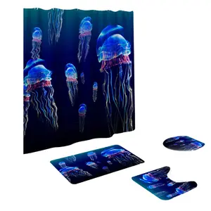 Juego de cortina de ducha de medusas azules de ensueño de 4 piezas de decoración de baño de espacio cósmico de animales marinos nebulosas