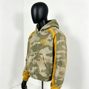 Felpa con Zip <span class=keywords><strong>Y2K</strong></span>, Patchwork Mimetico Giallo Senape, Giacca Vintage Effetto Invecchiato con Grafica Personalizzata - Product Image 2