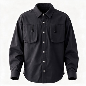 Camisa de hombre negra de manga larga con botones, doble cremallera en los bolsillos del pecho, cuello vuelto, popelina elástica, estilo casual, venta al por mayor y personalizada. - Product Image 1