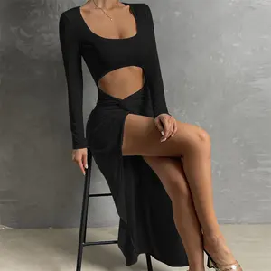 2024 High Quality Hot Selling Fashion New Women's Autumn Long Sleeve Sexy Square Neck Open Waist Split Long Party Banquet Dress