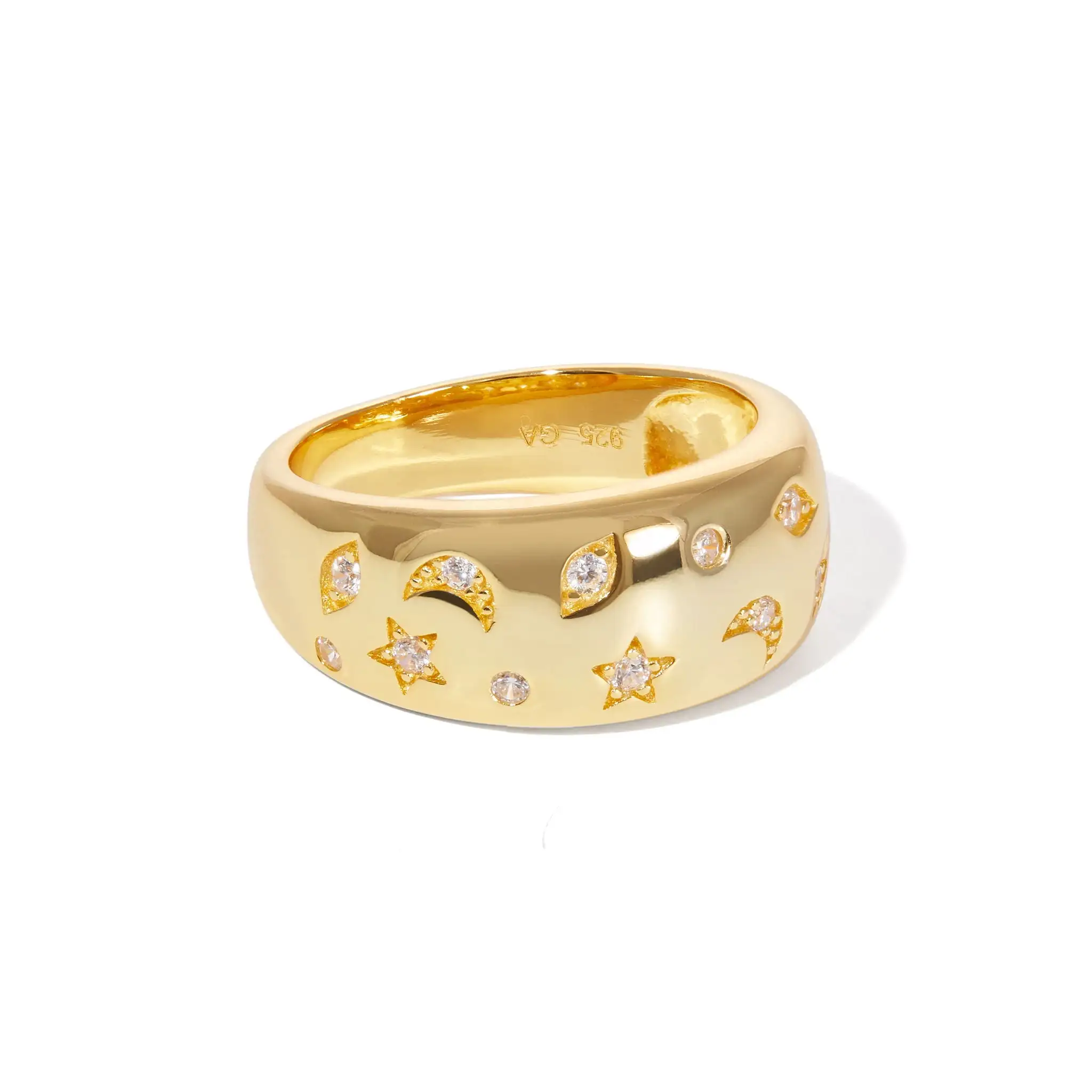 GOLD PLATED classic trendy women vintage jewelry 2023 Christmas gift Engraved moon star band ring