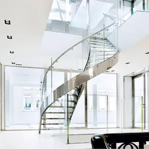 Factory Modern Wooden Steps Curved Staircase Residential Indoor Curved Stairs with LED Light