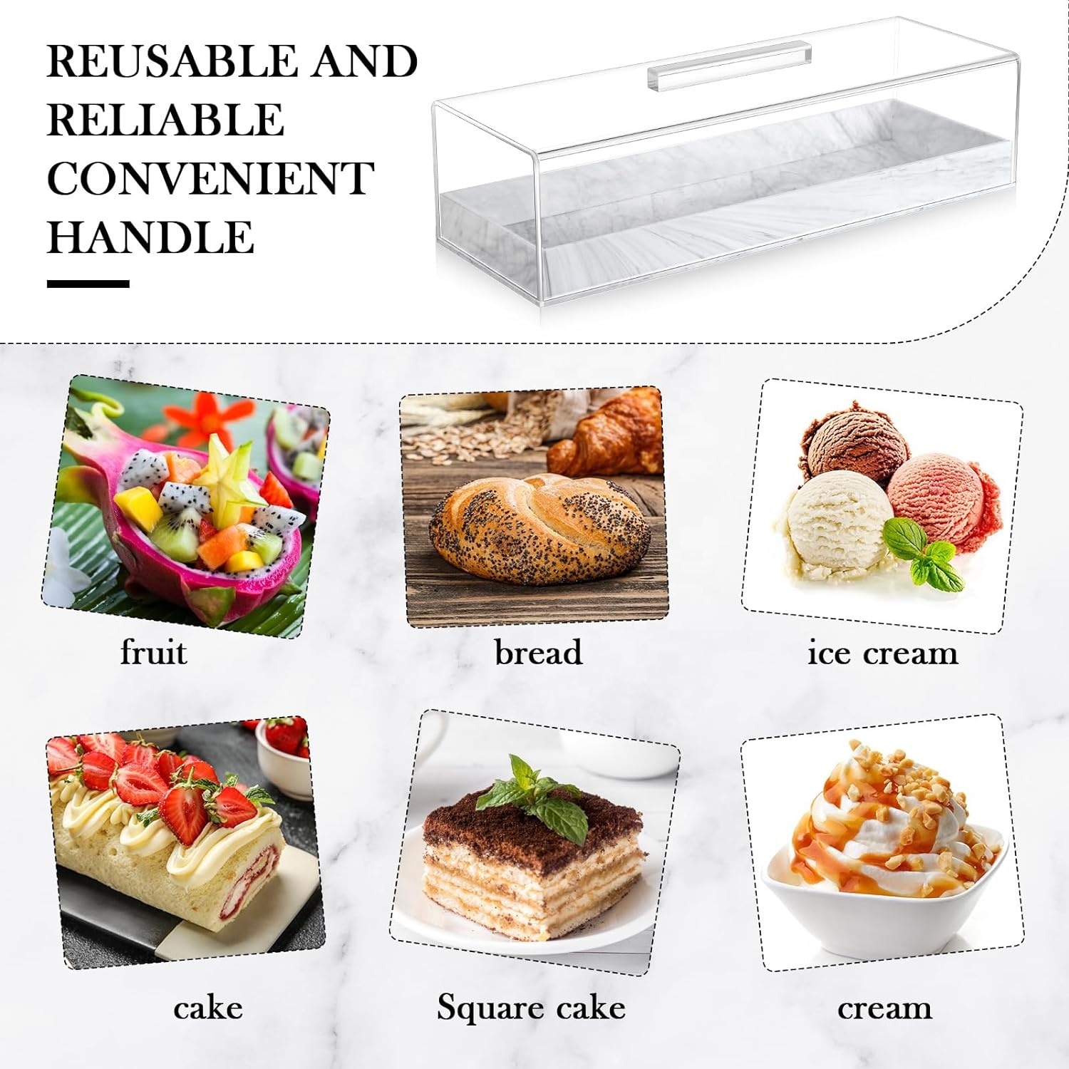Rectangular Cake Tray, Acrylic White Marble Texture, Odorless, Acrylic Cake Tray, Dessert Display Stand Easy To Open Lid For Bread Or Dessert Storage, Versatile Functionality - View #3