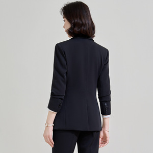 Women's Navy Blue Suit Set Polyester Worsted Full Sleeve Anti-Wrinkle Elegant Spring Workwear Formal Outfit - Product Image 4