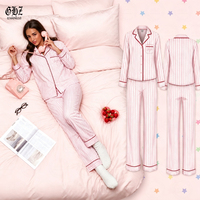 Ensemble de pyjamas rayés en coton et bambou avec logo personnalisé, rose, manches longues, décontracté, ample, respirant, léger, vêtements de nuit pour femmes