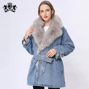 Janefur热卖女士冬季大衣风格保暖真款皮草衬里外套时尚牛仔夹克