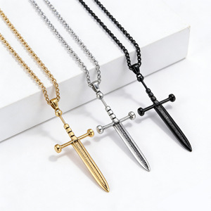 yunnique retro knight sword <b>titanium</b> steel cross necklace, niche and unique design, self-defense weapon sword penda - Product Image 1