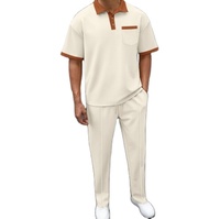 Ensemble de survêtement 2 pièces pour homme : Polo à col contrastant, chemise à manches courtes gaufrées avec poches et pantalon droit à cordon de serrage