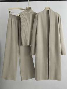 طقم نسائي جديد للخريف والشتاء، كارديجان طويل فضفاض + سترة بياقة عالية + بنطلون واسع الساق، طقم من ثلاث قطع - Product Image 3