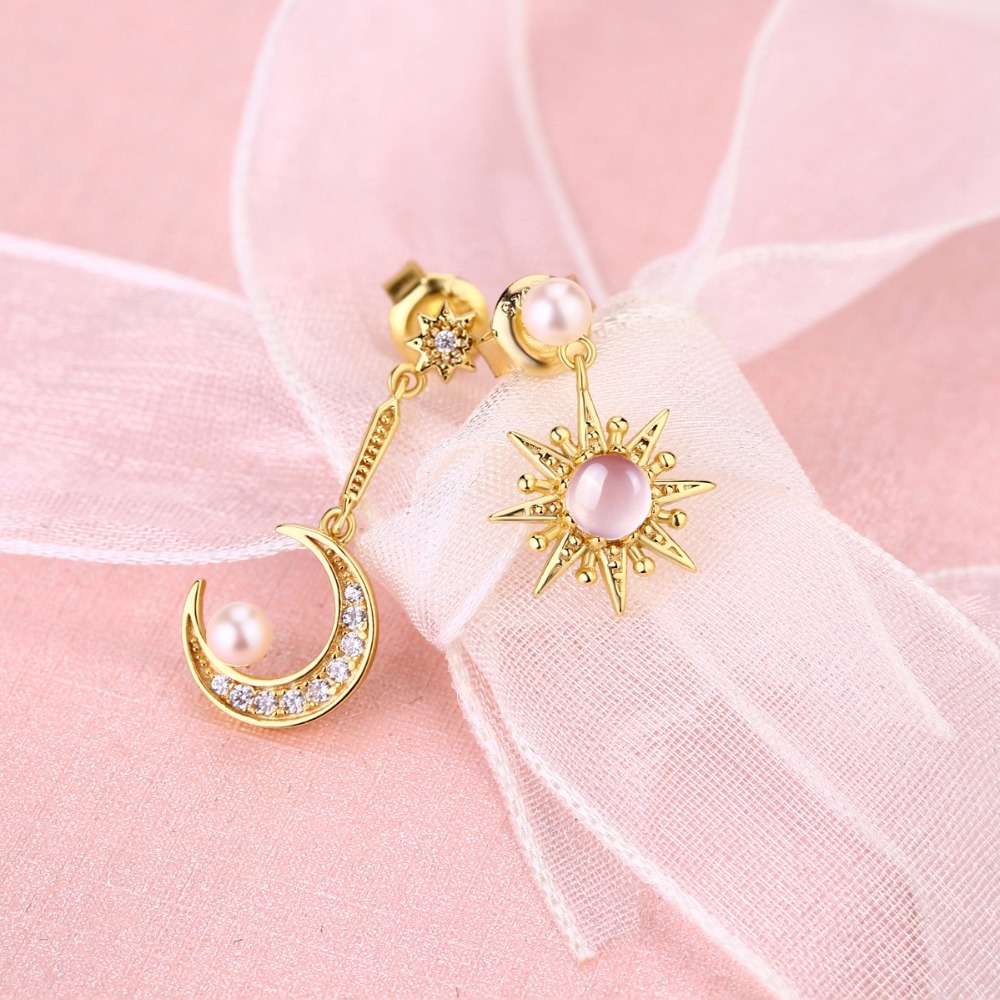 Joyería de moda para las niñas, pendientes de cuarzo rosa collar Luna y estrellas de lujo luz perla conjunto