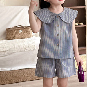 Completo Abbigliamento <span class=keywords><strong>Bambina</strong></span> 2026 Nuovo Stile Alla Moda Cotone Tuta Neonato Stile Coreano Top a Righe con Risvolto + Pantaloncini Set Due Pezzi - Product Image 1