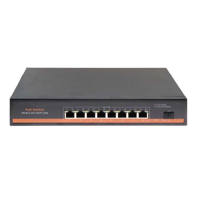 8 X 2.5Gbps RJ45 PoE Ports + 1 X 10G SFP+ Fiber Port Unmanaged Ethernet PoE Switch