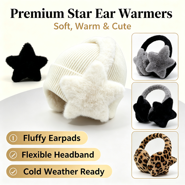 Women's Star Shape Faux Fur Plush Knit Beanie Hat Set Cute Leopard Print Fluffy Earmuffs-Windproof Thermal Winter Outdoor Ski