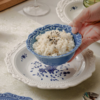 Assiette de dîner en céramique bleue vintage à bordure dentelée pour la maison ou les fêtes – Élégante assiette à dessert, ensemble de vaisselle