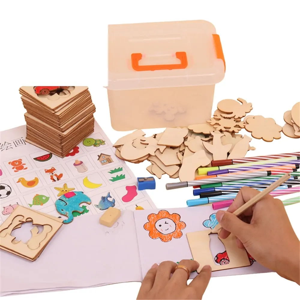 Papan Gambar Kayu Anak-anak Satu Set Peralatan, Dapat Menggores, Mengisi, Menggambar Templat Zigotech Grosir Mainan Edukasi