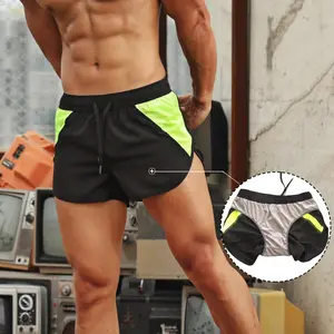 Shorts masculinos 2 em 1, bolso com zíper, secagem rápida, respirável, para treino de corrida e ciclismo