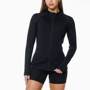 Kadın elastik rahat hızlı kuru düz renk spor ceketler spor Fitness Zip Up kol spor ceket