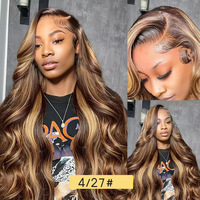 Perruques longues en cheveux humains naturels ondulés, couleur ombrée blonde avec mèches, densité 180, avec dentelle transparente 13*4 pour frontale en dentelle