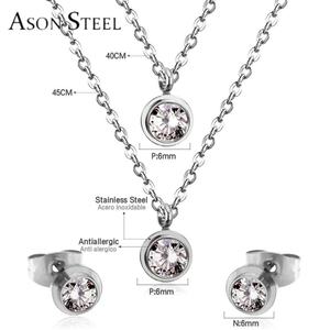 Ensemble de bijoux en acier inoxydable à prix de gros, collier et boucles d'oreilles pendantes de forme ronde avec zircon et double chaîne pour femmes - Product Image 5
