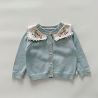 Cardigan en tricot pour fille, printemps-automne, grand col à revers, broderie d'oiseau, manches longues, pull pour bébé