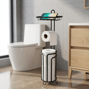 Portarrollos de Papel Higiénico Moderno con Estante de Almacenamiento en Niveles y Bandeja para Teléfono, Diseño de Acero Independiente para Baño - Product Image 6