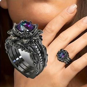 Elegante Juego <span class=keywords><strong>de</strong></span> 3 Anillos <span class=keywords><strong>de</strong></span> Loto Negro con Circonita Cúbica Arcoíris - Perfecto para Compromiso, Aniversario y Fiestas - Product Image 5