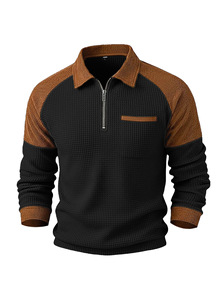 Polo à demi-zip en maille gaufrée pour homme, manches longues, décontracté, avec col et poche, anti-boulochage, coupe classique - Product Image 1