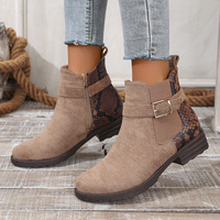 Bottines style européen et américain, couleur unie, bout renforcé, talons épais, boucles de ceinture, fermetures éclair latérales, confortables, décontractées, en maille élastique, toutes saisons