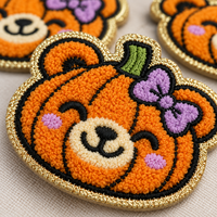 Patch décoratif en chenille personnalisé, motif citrouille orange capitonnée, avec nœud violet et bordure métallique, pour vêtements