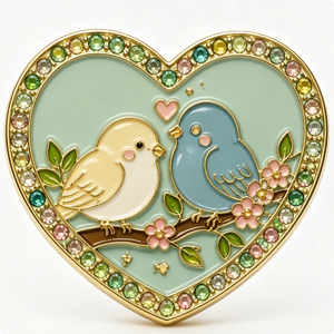 Heart-Shaped Gold-Plated Metal Enamel <b>Pin</b> With Love Birds And Flowers For Valentine'S Day - Product Image 1