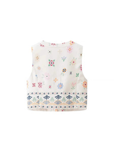 European American Style Cross-border 2025 New <strong>Women's</strong> Casual Summer Floral Printed Cotton <strong>Linen</strong> Breathable Short <strong>Waistcoat</strong> Top - Product Image 3