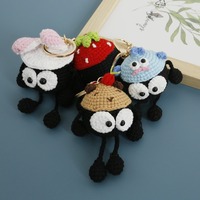 Porte-clés pendentif en peluche tricoté Amigurumi animal, mignon, fait main au crochet, 3D, avec gros yeux noirs, en forme de boule de charbon, breloque de sac, jouet