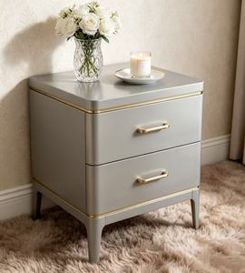 Luxury Silver Finish Solid Wood Nightstand,2 Drawer Gold Pull Tapered Leg Bedside Cabinet for Modern Glam Bedroom <b>Night</b> <b>Stand</b> - Product Image 2