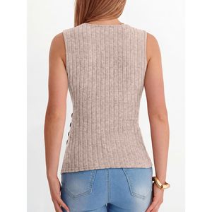 FOXA Camiseta sin mangas de punto acanalado para mujer, cuello en V, sin mangas, con detalle de botones, corte ajustado, informal, para verano - Product Image 6
