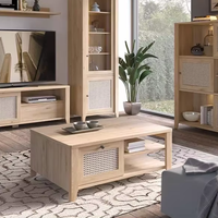 Vente en gros Table basse en bois au design élégant et élégant avec tiroir en rotin et étagère ouverte