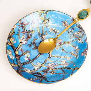 Assiette en céramique SFB113 Van Gogh Almond Blossom avec cuillère dorée, plat décoratif, vaisselle artistique - Product Image 1