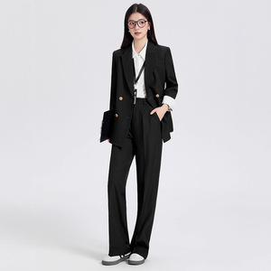 Women's Burgundy Double-Breasted Blazer With White Cuff Contrast Peak Lapel Casual Suit Jacket - Product Image 3