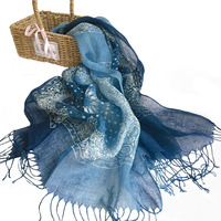 Lenço amarrado de linho gradiente azul, para tingimento, lenço feminino, estilo nacional, borla, protetor solar