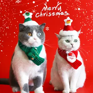 2024 Cute Cartoon Pet Knitted Collar Cat Christmas Hat and Scarf with Christmas Santa Tree