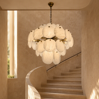 Lustre moderne en forme de disque rond style albâtre, avec pierres superposées dorées, pour salon, salle à manger, villa, hôtel, décoration