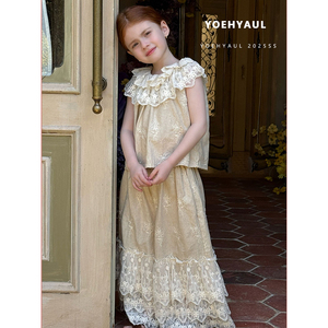 YOEHYAUL 25102 estate ragazze senza maniche con collo arruffato <span class=keywords><strong>pantaloni</strong></span> larghi in lino Set t-shirt in pizzo ricamato <span class=keywords><strong>pantaloni</strong></span> di pizzo <span class=keywords><strong>per</strong></span> bambini - Product Image 2