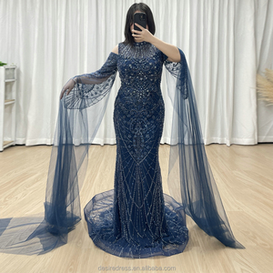 MY30195 Abito da Cerimonia Blu Formale a Maniche Lunghe con Collo Alto Stile Sirena Elegante Abito da Sera con Perline per <span class=keywords><strong>Madre</strong></span> della Sposa - Product Image 2